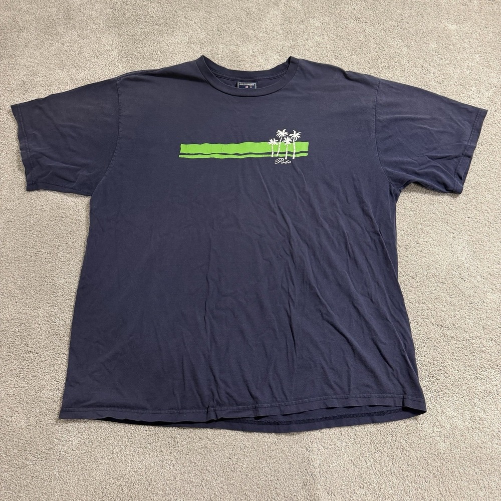 Vintage Polo Sport Ralph Lauren T Shirt Mens Sz XXL Navy Blue Palm Trees Beach